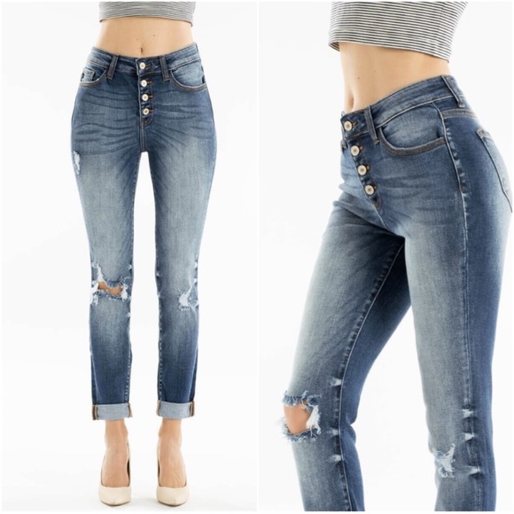 Kancan Distressed Skinny cuffed jeans - Picture 1 of 2